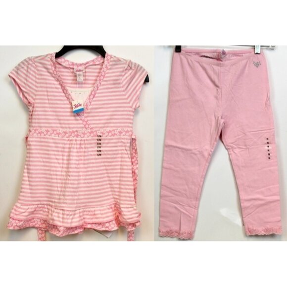 2010s Justice 2pc T-Shirt Leggings sz 10/12 Stripes Flowers Rhinestones Ruffles - Picture 1 of 12